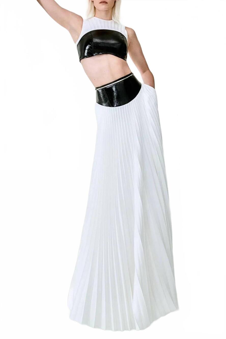 NEW BRANDON MAXWELL laurel leather-waist pleated maxi skirt in black/ white